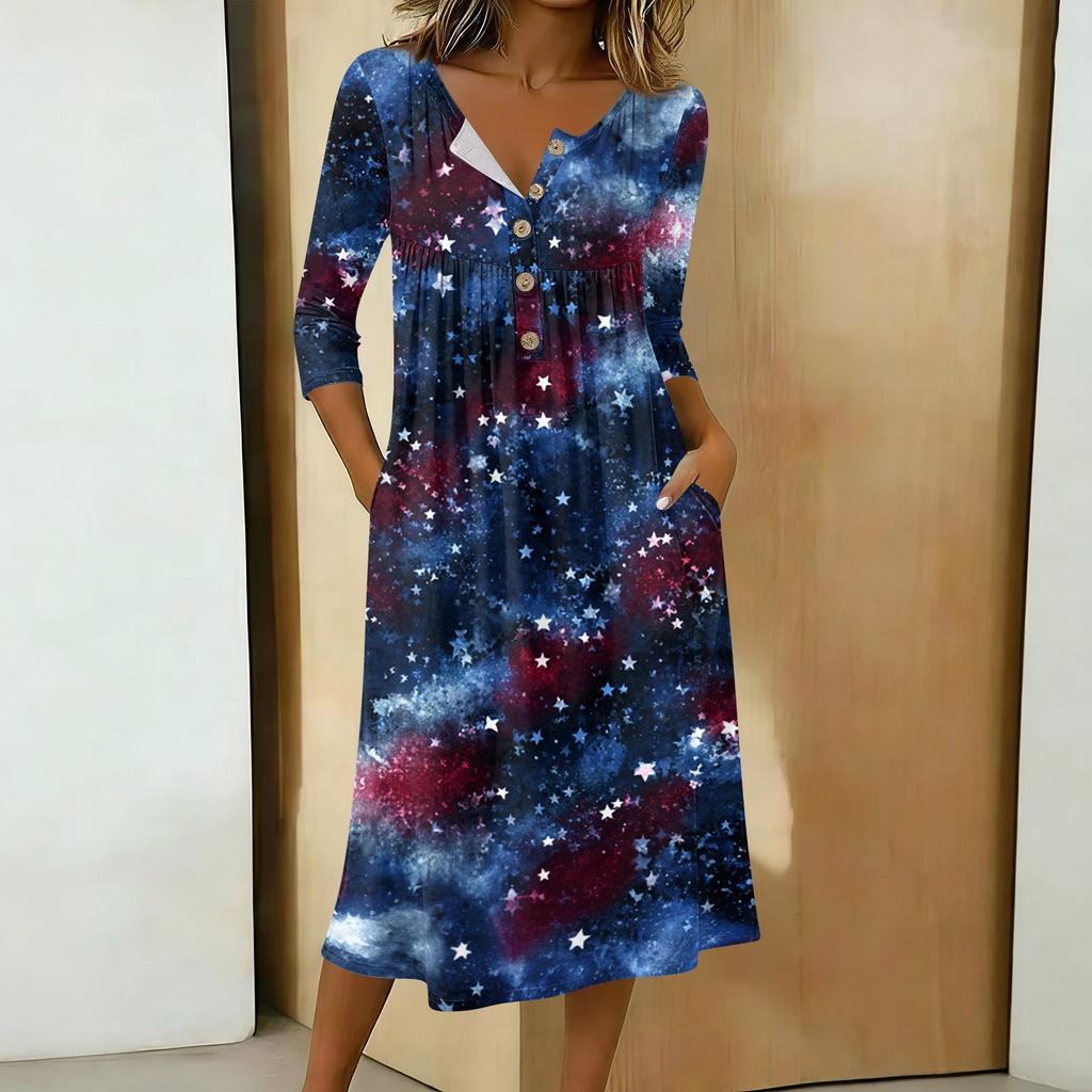 Women's Casual 3/4 Sleeve Button Front Midi Dress with Independence Day Print and Relaxed Fit for Everyday Wear