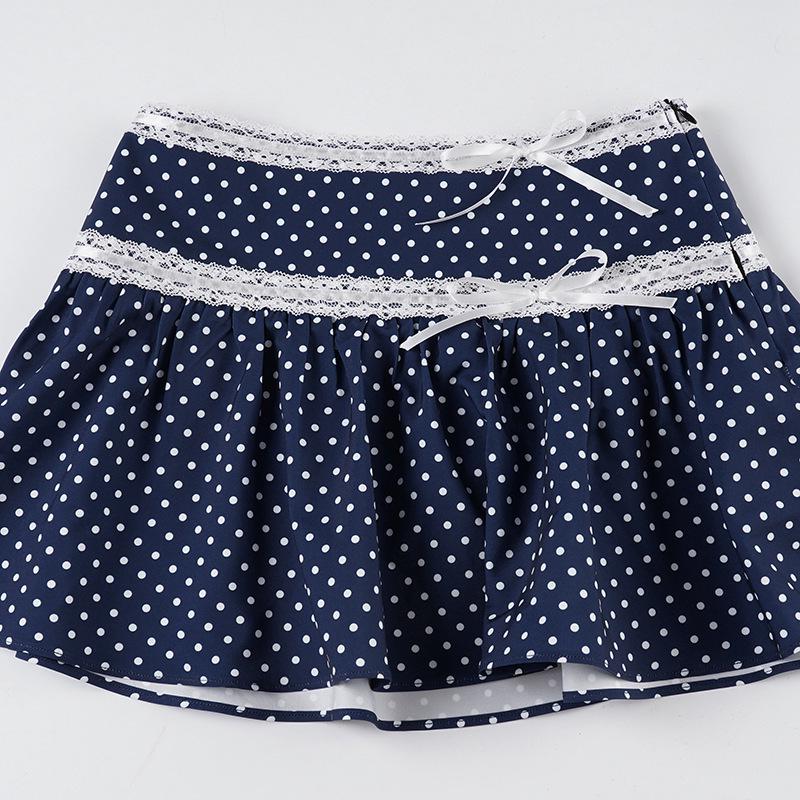 Retro Polka Dot Bow Lace Trim A-line Skirt - Summer Slimming Style