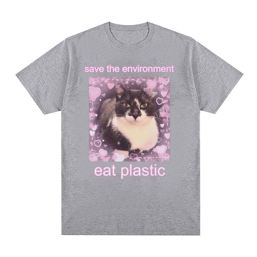 2025 Summer Save The EnvironUnisext Eat Plastic Cute Cat Graphic T Shirt Funny Unisex Women ONeck 100 Pure Cotton Printed Tshirt
