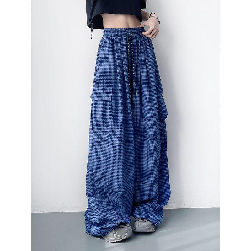 Plaid Cargo Pants for Women, Summer Thin Style, Plus Size, Slimming, Drapey, Lightweight, Quick-Dry, Dance Sports Ice Silk Wide-Leg Pants
