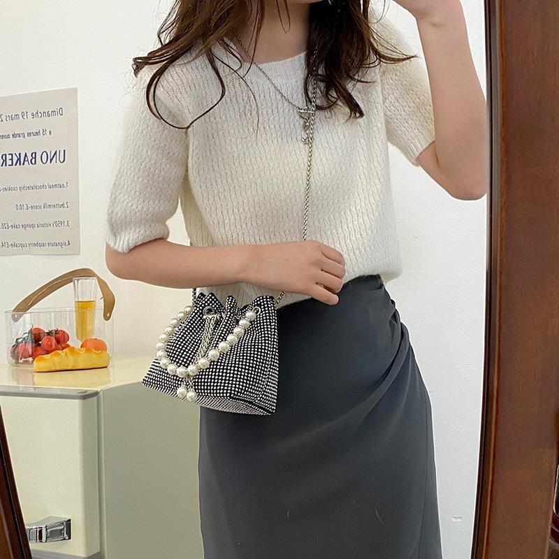 Pearl Handbag Women's Fashionable Bright Diamond Shoulder Bag, Net Red, Foreign Style Chain, Cross Body Bucket Bag