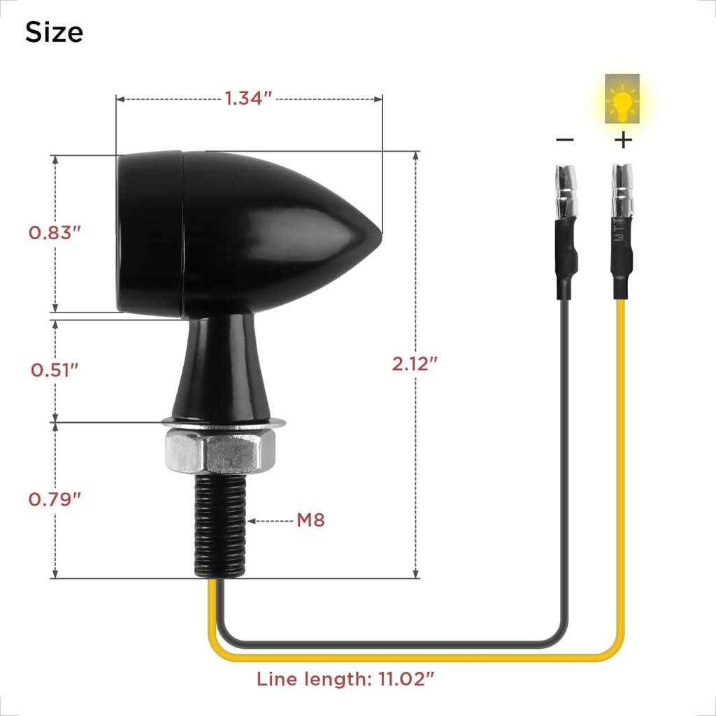 Evermotor Motorcycle LED Turn Signal, Small, , Black Case, High Brightness Direction Signal, Round, Waterproof, EU Certified, E-Mark (2 Pieces)