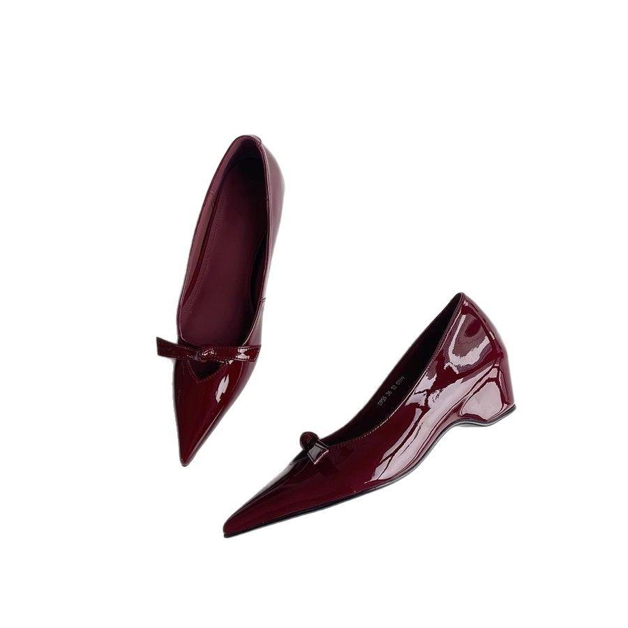 Версия из овчины~ туфли Мэри Джейн с острым носком и внутренней платформой, французский темперамент, бант, для ношения с юбкой, туфли-лодочки с открытым верхом и клиновидным каблуком, женские