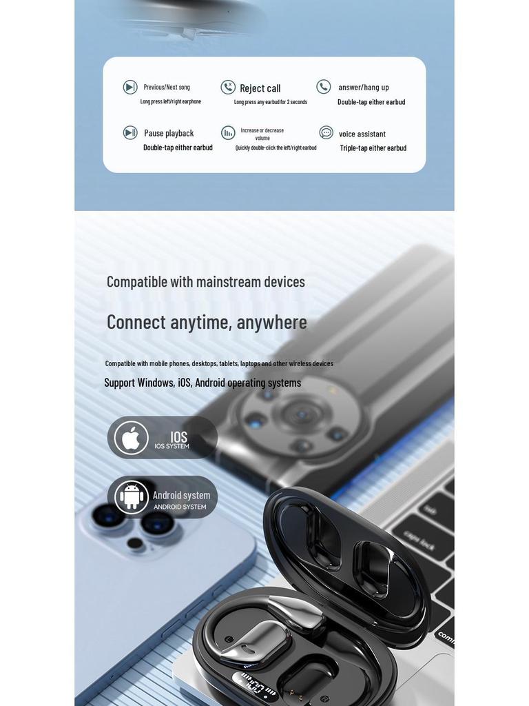 Беспроводная спортивная Bluetooth-гарнитура OWS с большой батареей - Не вкладыши, Накладная конструкция