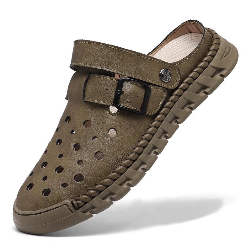 Летняя обувь для мужчин Кожаные сандалии Мужские модные тапочки Закрытый носок Повседневная обувь с ручной прошивкой