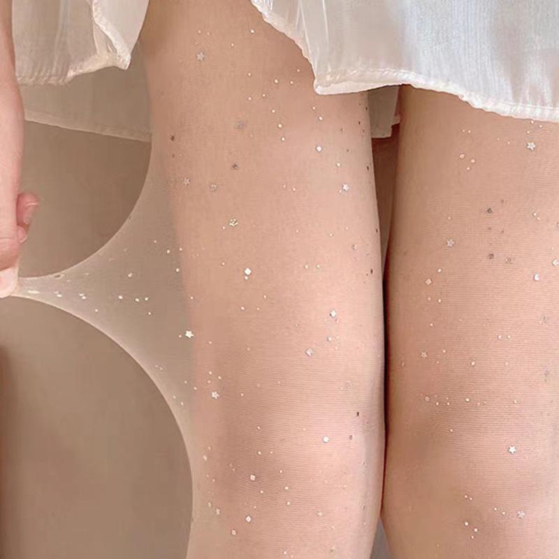 Korean Starry Sky Silver Sequin Black Pantyhose for Women