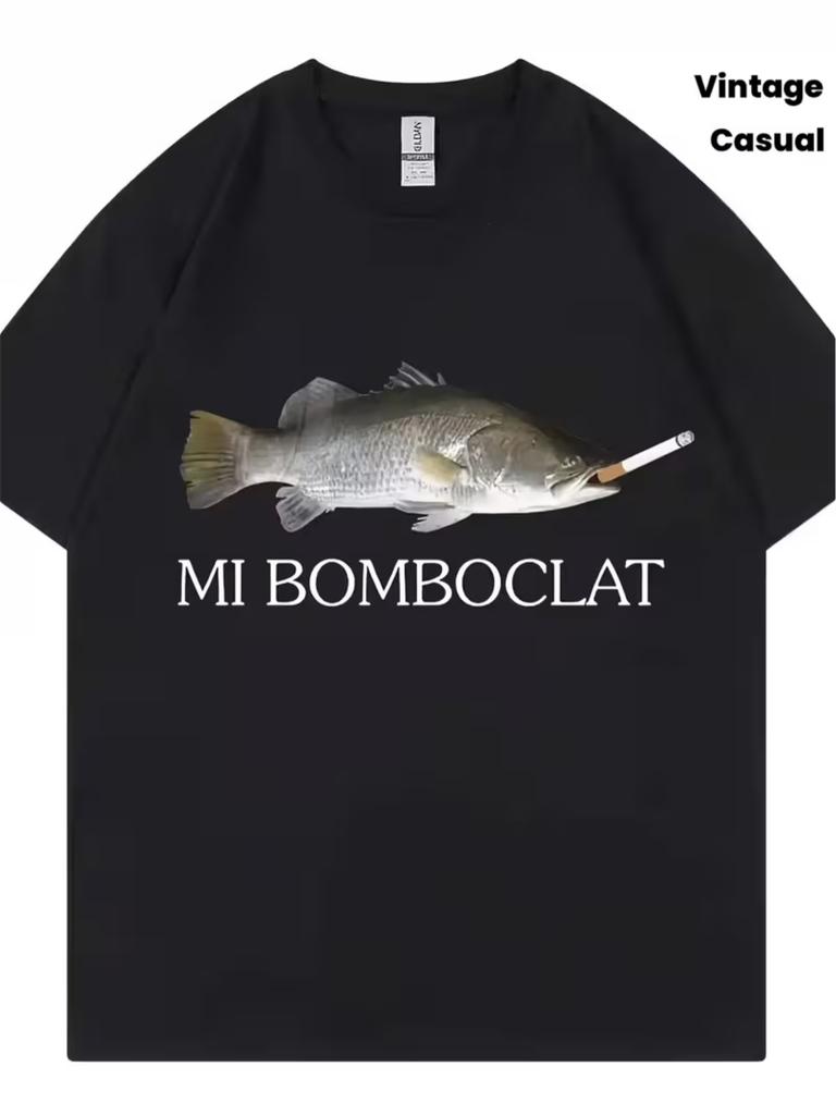 Men's Funny Bomb Defusing Fish Graphic T-Shirt - Vintage Harajuku Style Short-Sleeve Tee with Mi Bomboclat Print, Bl