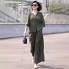 Casual 2 Piece Outfit for Women 3/4 Sleeve Button Down Shirt Wide Leg Pants Set Summer Lounge Streetwear