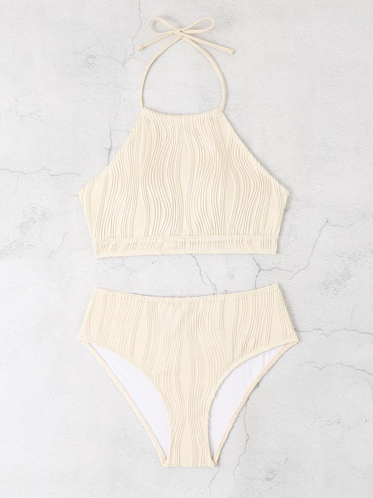 2024 European & American Solid Color High Waist Split Bikini Swimsuit for Women