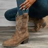 Autumn/Winter New V-neck Embroidered Sleeve Thick Heel Knight Boots Retro Mid Barrel Pointed Western Cowboy Boots
