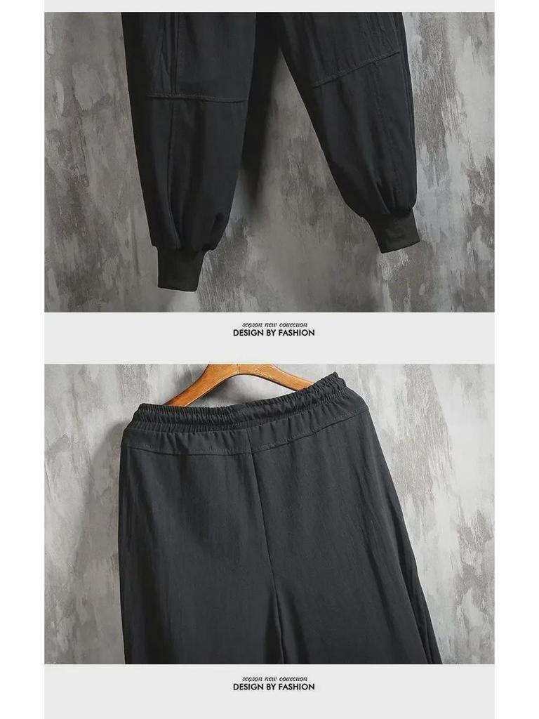 Men's Spring/Summer Cotton Linen Wide-Leg Harem Pants with Loose Cuffs and Trendy Tight-Fit Lantern Design