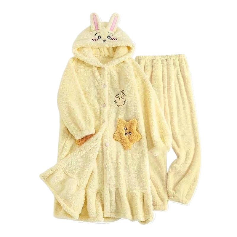 Женские пижамы Usachi из кораллового флиса - Плотные, с длинным рукавом, Милый мультяшный дизайн, Домашняя одежда с начесом для осени и зимы.