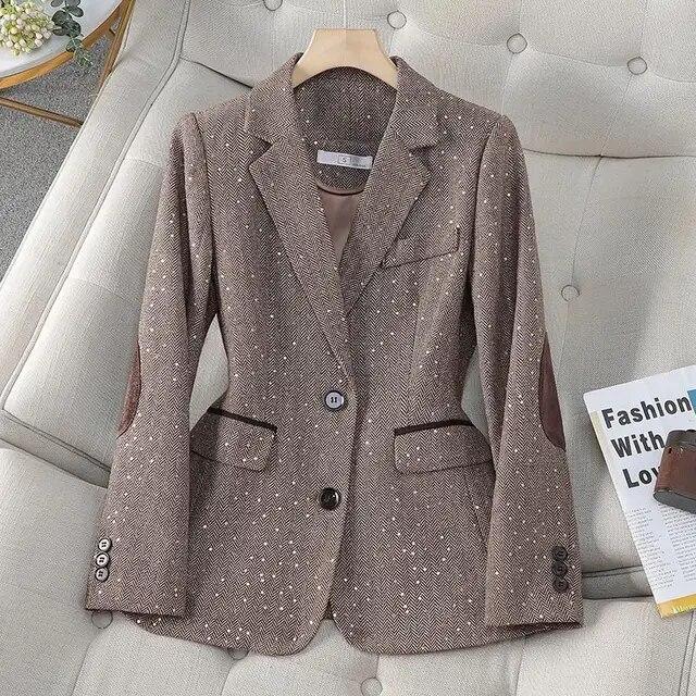 Autumn Retro Splice Plaid Sequins Blazers Coat For Women Brown Elegant Business Vintage Ladies Suit Jacket