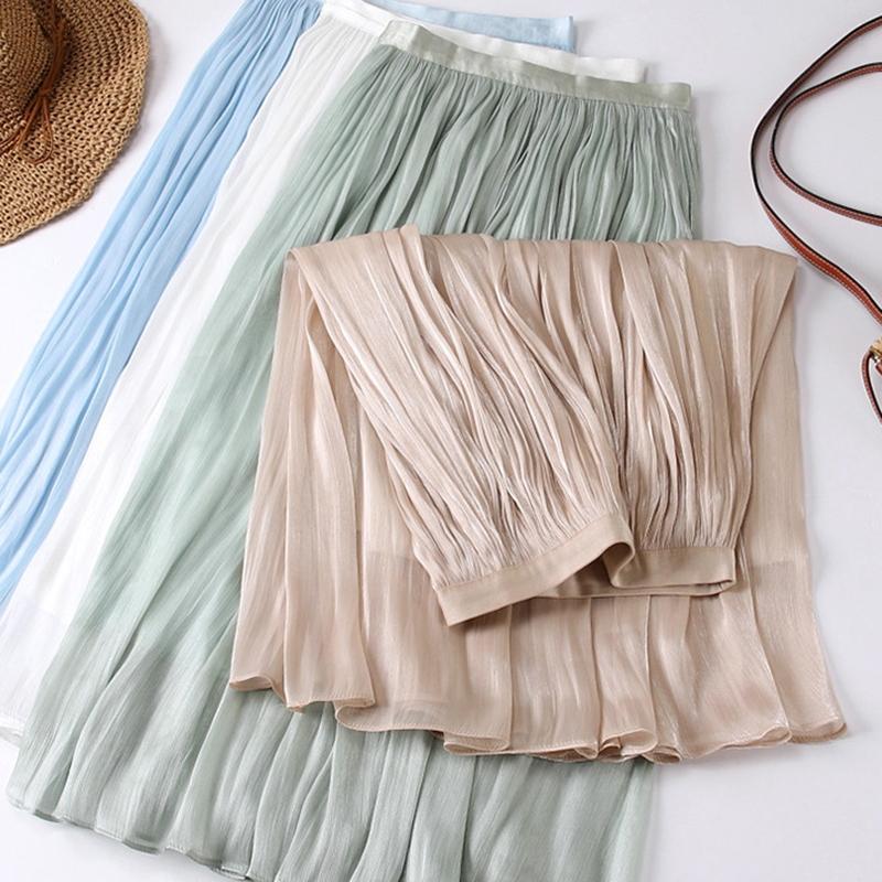 Qooth Women Gentle Solid Color Pleated Skirt Casual Elastic Waist Colorful A-line Skirt For Spring Summer QT2416
