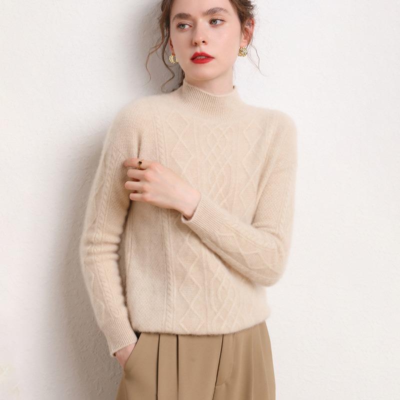 Женский утолщенный пуловер с полувысоким воротником, осенне-зимний новый вязаный свитер свободного и ленивого ветра, женская базовая рубашка с косами