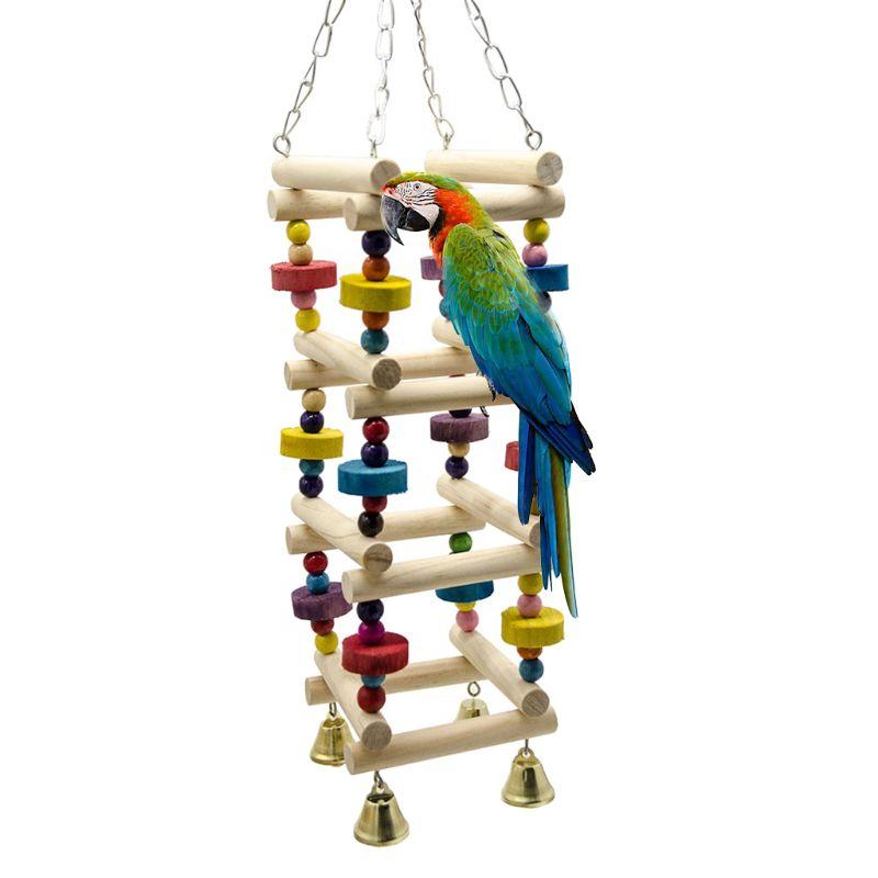 Colorful Wooden Bird Parrot Swing Ladder Toy with Bell Hanging Chewing Climbing Stand Perch Bite Block - Pet Playground