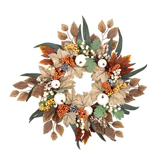 Autumn Wreath Faux White Pumpkin Maple Leaf Pine Cone Berry Wreath Handmade Farmhouse Wreath Fall Decoration for Home Thanksgiving Harvest Outdoor