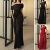 Lady Evening Dress Slant Neck Off Shoulder Sleeveless Pleated Lace-up Sash Decor Irregular Design Slim Fit Prom Party Maxi Dress Summer Dress
