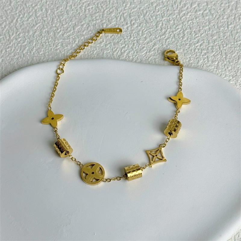 Легкий роскошный браслет с четырьмя листьями и цветком для рук, двухсторонний браслет с четырьмя листьями клевера для пожилых людей, простой женский браслет с темпераментом