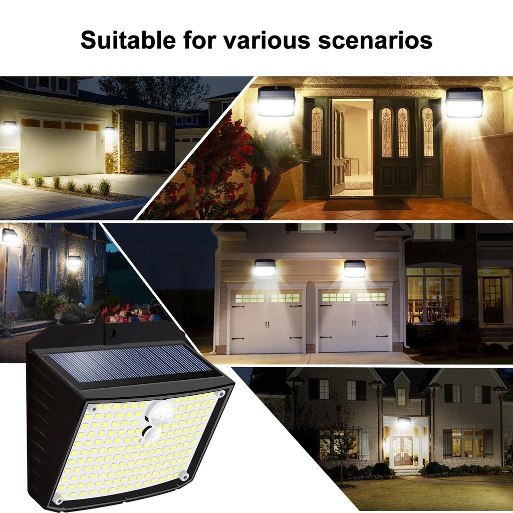 Outdoor Solar Lights 158 LED Wall Lamp Waterproof Wireless Motion Sensor Security 3 Modes Garden Fence Yard Deck Garage Lighting