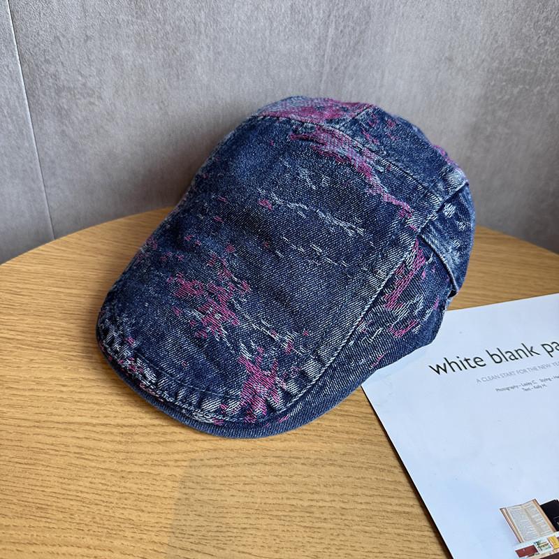 Denim Retro Washed Beret With Pattern Design For Womens Daily Casual Outing