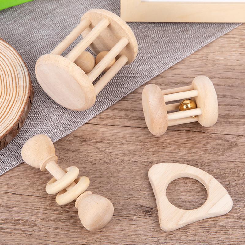 Wooden Baby Natural Rattle Set Toy With Sounding Features For Kids Sensory Play