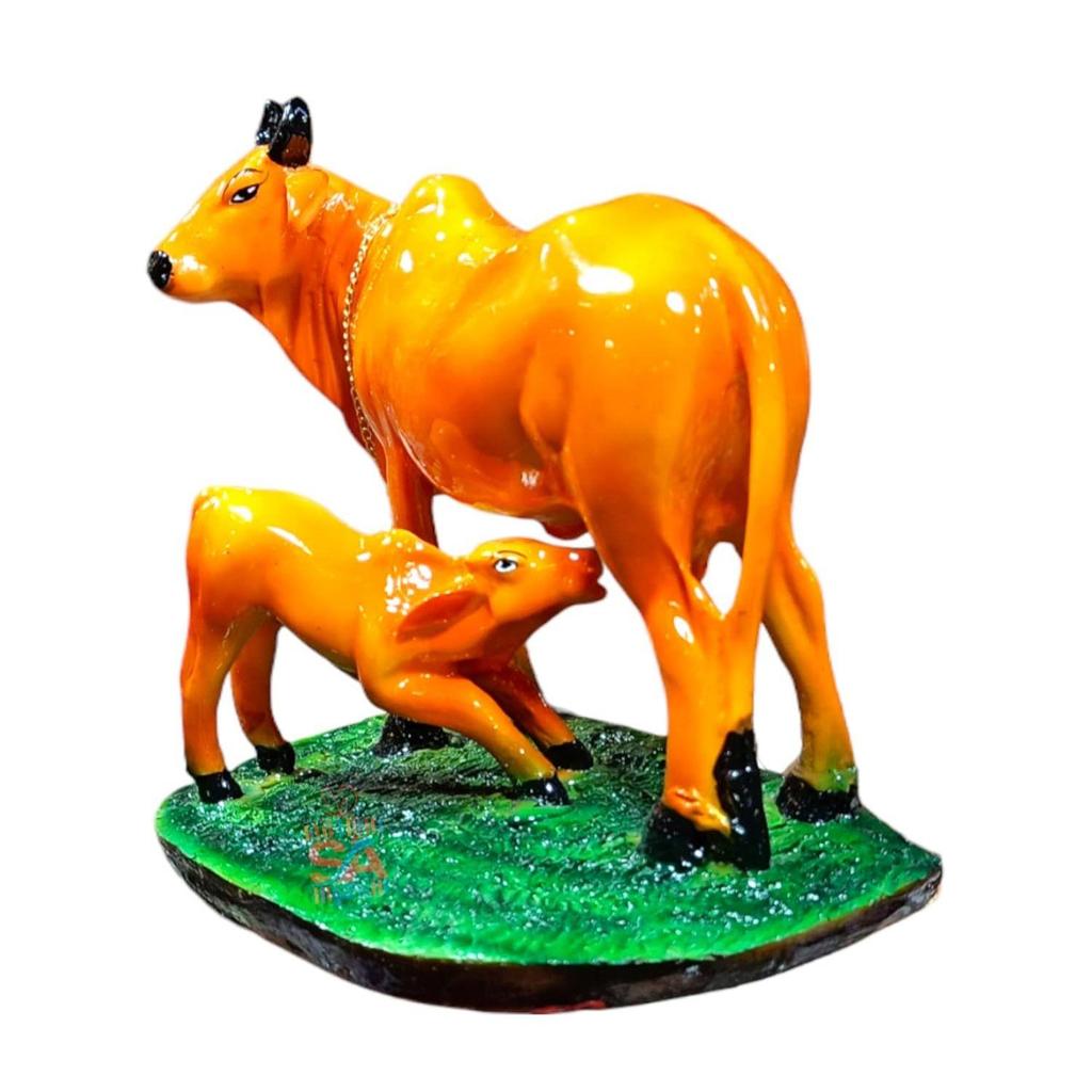 Handicraft Decorative Polystone Cow and Calf Big Statue/Idol for Gift Home Decor 8 Inch (Orange), Religious