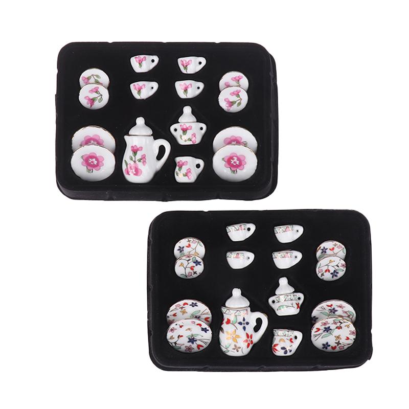 1Комплект 1:12 миниатюрных керамических чайных сервизов для кукольного домика, чашка, чайник, поднос, цветы, столовые приборы, кухонный декор, игрушечные аксессуары для кукольного домика
