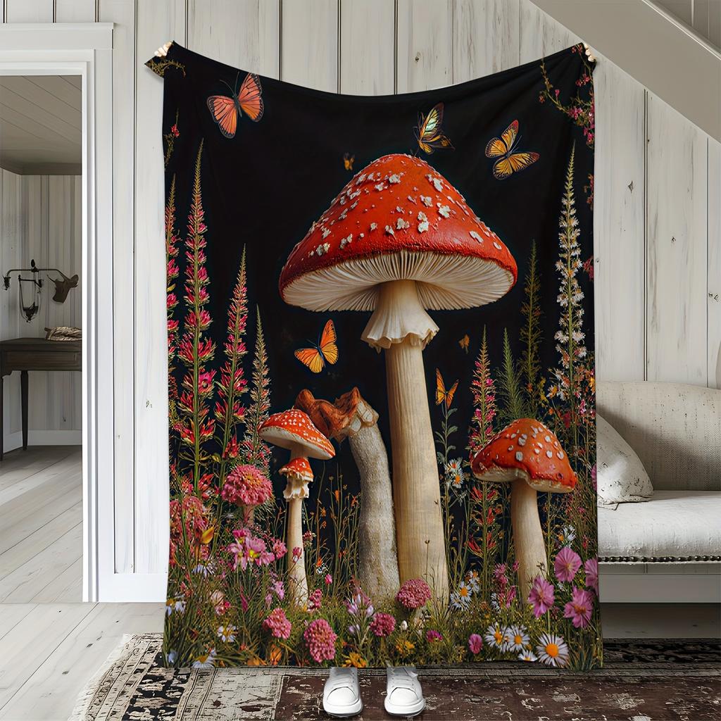 1pc Sdoo Flannel Blanket, Vibrant Mushroom and Floral Butterfly Print, Warm and Soft Polyester Throw for Sofa, Bed, Car, Office,