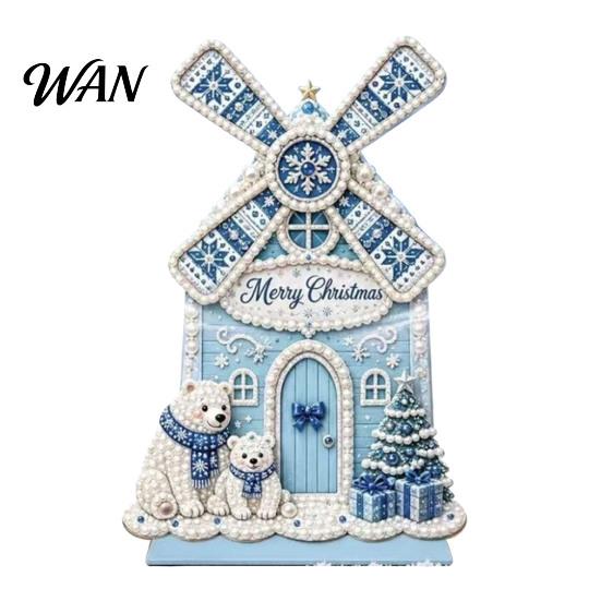 DIY Handmade Festival Gift Diamond Painting Christmas Windmill House Kit, Rotatable Xmas Holiday Desktop Accessories Cabin Ornament, Craft Kit