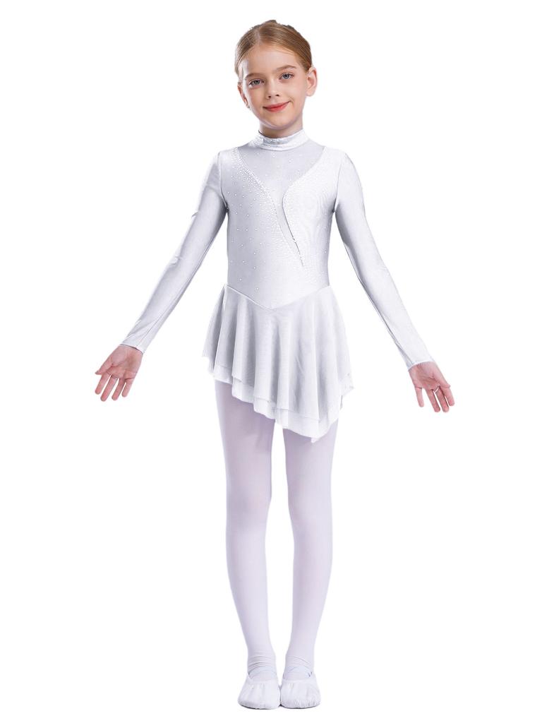Kid Girls Figure Ice Skating Dress Long Sleeve Irregular Hem Leotard Dress Stage Performance Costume