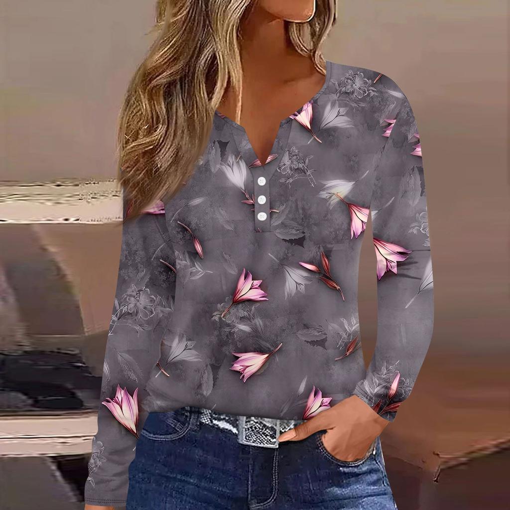 Женская модная повседневная футболка с V-образным вырезом и принтом листьев, с длинными рукавами и декоративными пуговицами