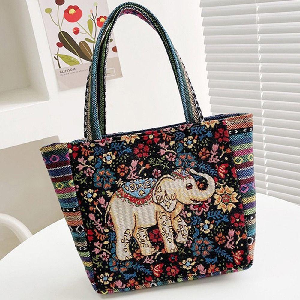 Peacock Canvas Tote Bag Embroidery Elephant Handbag Simple Ethnic Style Handbag Grocery Handbags