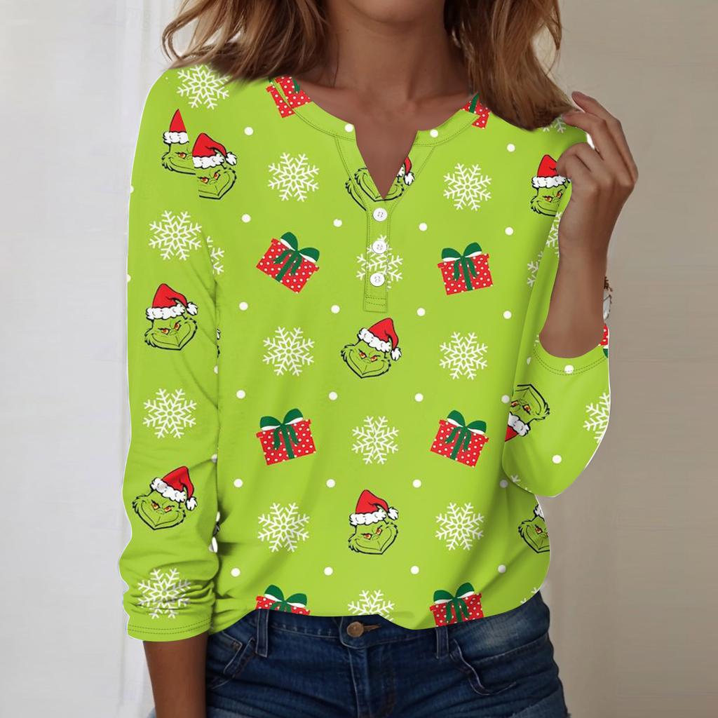 Women's Fashion Casual V-Neck Long Sleeve Decorative Button Christmas Print Top