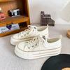 H1323 Elastic Band/two Shoelaces, Popular Thick-soled Canvas Shoes, Women's Round Head White Shoes, Versatile and Thin Board Shoes