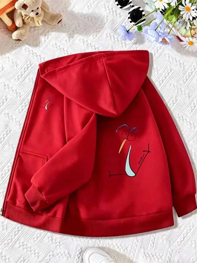 Kids Grey Zip Up Hoodie Funny Cartoon Long Beak Bird Graphic Sleeve And Back Print Long Sleeve Pocket Casual Hooded Jacket