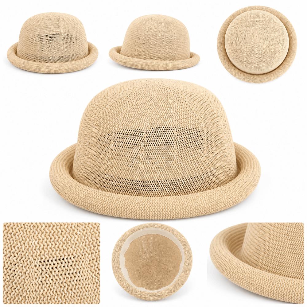 Round Top Roll Brim Hat Raffia Weave Sun Visor Hat Elegant Straw Hat Beach Vacation