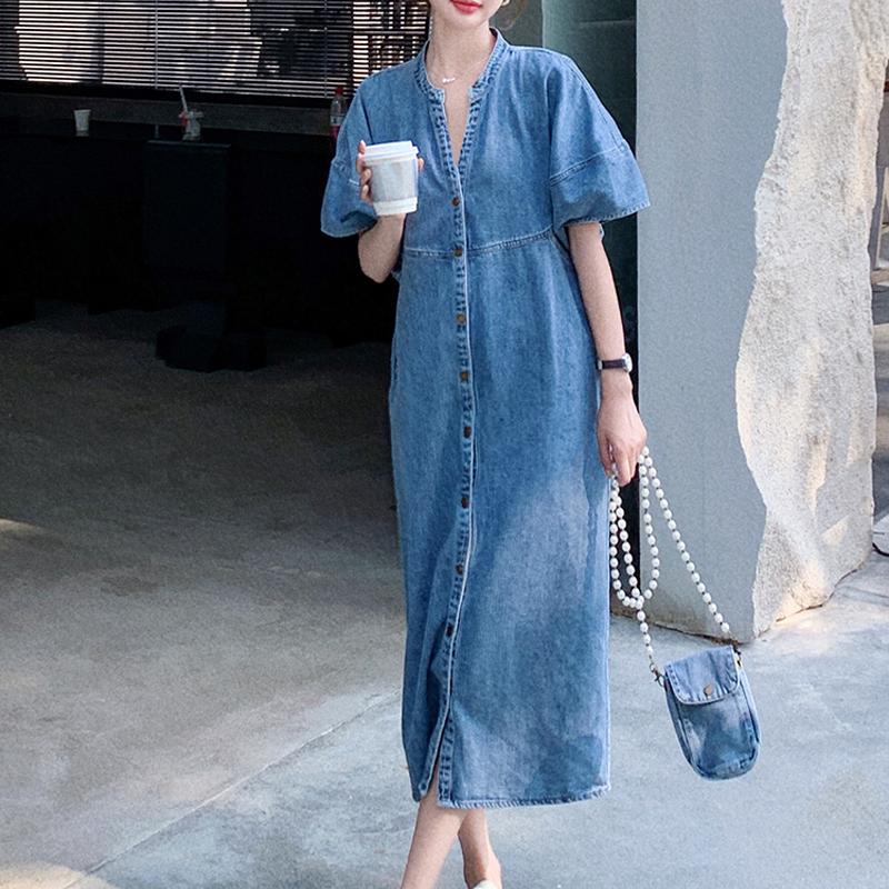 Винтажное джинсовое платье в гонконгском стиле для женщин, летнее, из тонкой ткани, с ощущением высокого качества, свободное, повседневное, прямое, длинное