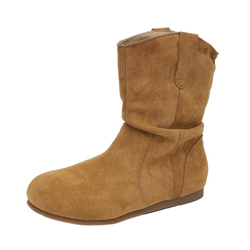 Матовая версия~ Ретро короткие ботинки на плоской подошве женские ковбойские ботинки осень и зима с рукавом круглый носок на наборном каблуке облегающие короткие женские ботинки