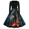 Women's Casual Fashion Halloween Print Square Neck Vintage Style Long Sleeve Dress with Waist Tie Belt Retro A-Line Midi Dress for Fall