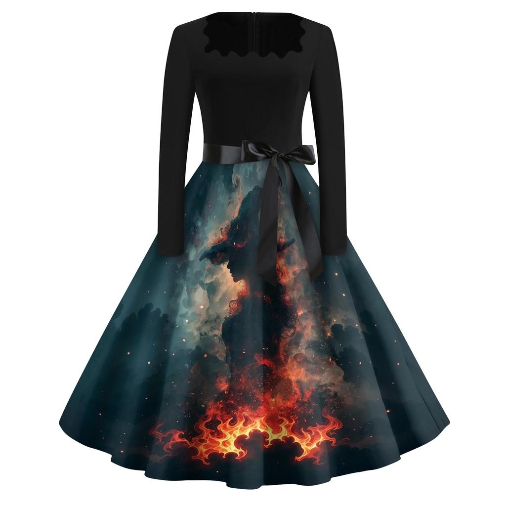 Women's Casual Fashion Halloween Print Square Neck Vintage Style Long Sleeve Dress with Waist Tie Belt Retro A-Line Midi Dress for Fall