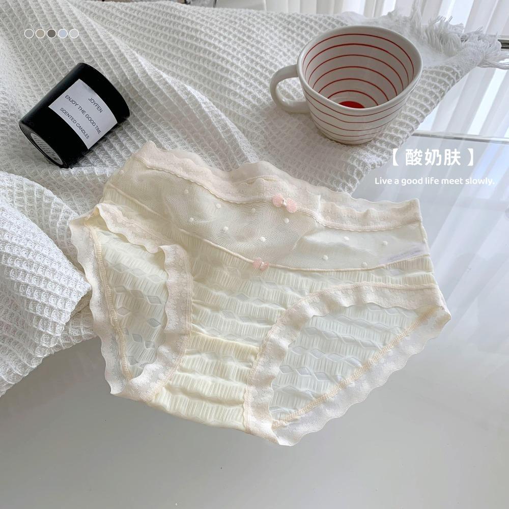 Mid Waist Underwear for Women Bow Mesh Briefs Summer Lace Seamless Panties Female