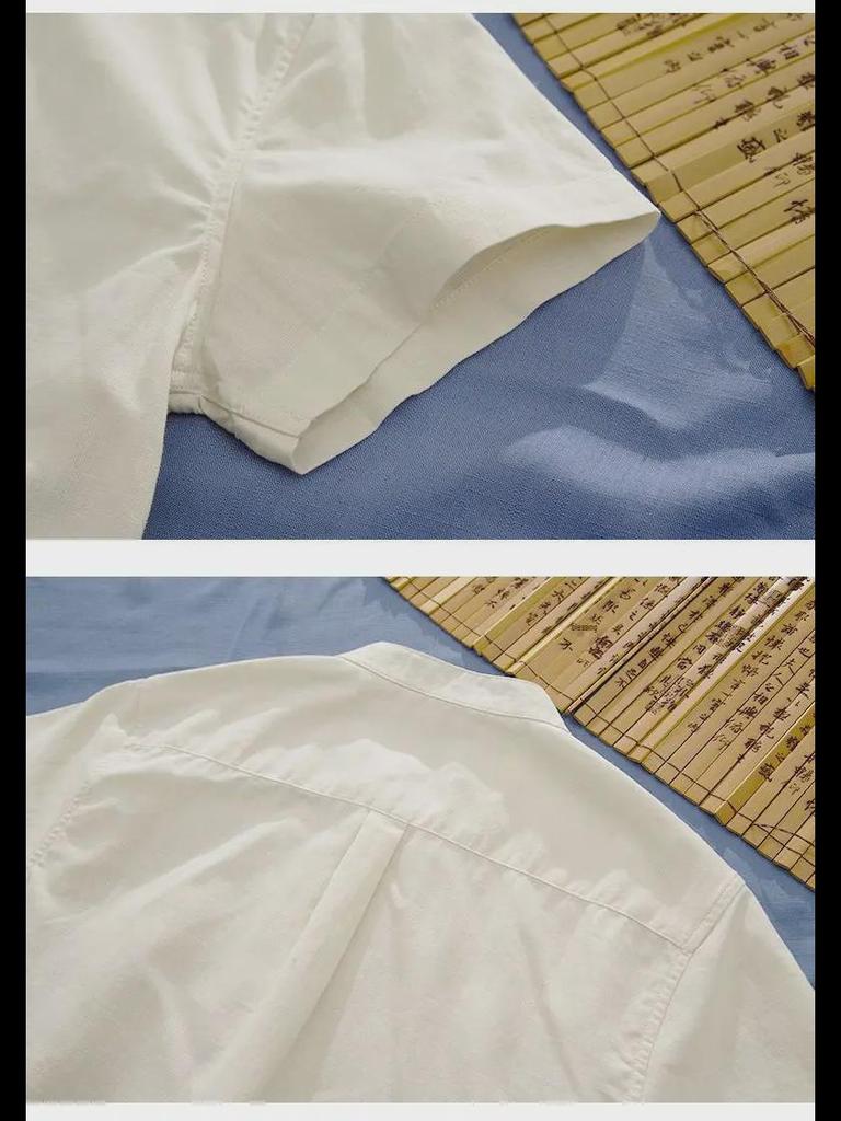 Мужская льняная рубашка с воротником-стойкой в китайском стиле — короткий рукав, свободный крой, летний повседневный тренд