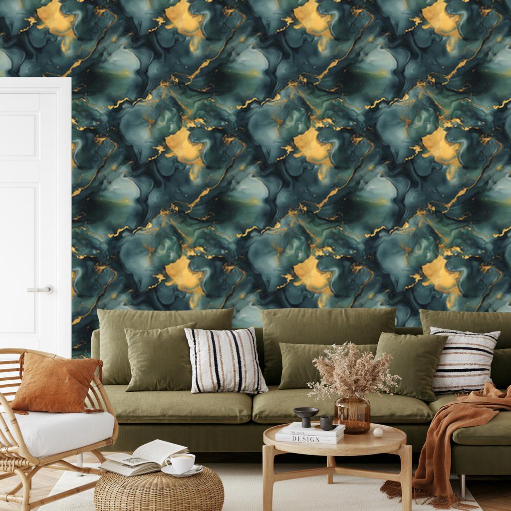 Wallpaper Ink turquoise, sea green and gold 50x1000