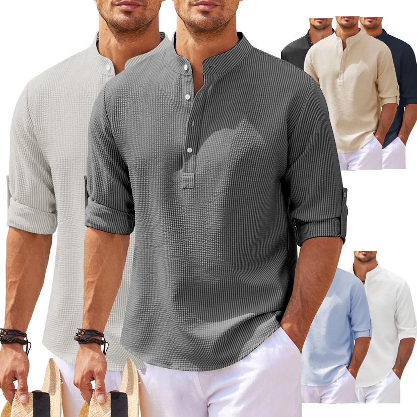 Мужская футболка с длинным рукавом, термоджемпер на пуговицах, хлопковый вафельный трикотаж