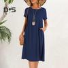 Женское платье с круглым вырезом, коротким рукавом, длиной до колена, однотонное платье с карманами, свободное летнее платье