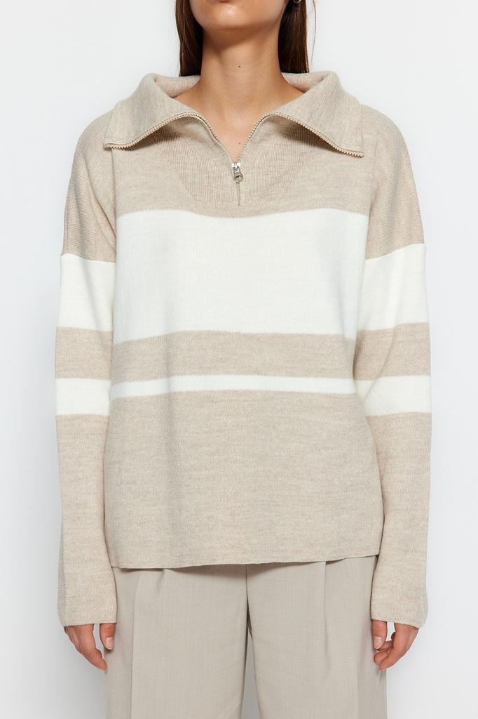 Women's Fashionable Stylish Sweater Stone Wide Fit Basic Zippered Knitwear Sweater