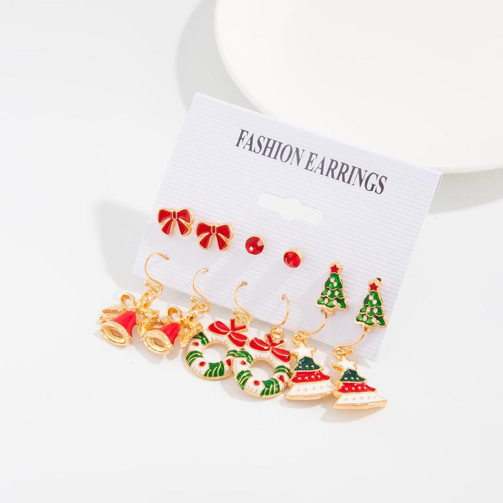 Christmas Reindeer & Santa Claus Stud Earring Set - Festive Cartoon Snowflake Bell Design for Women