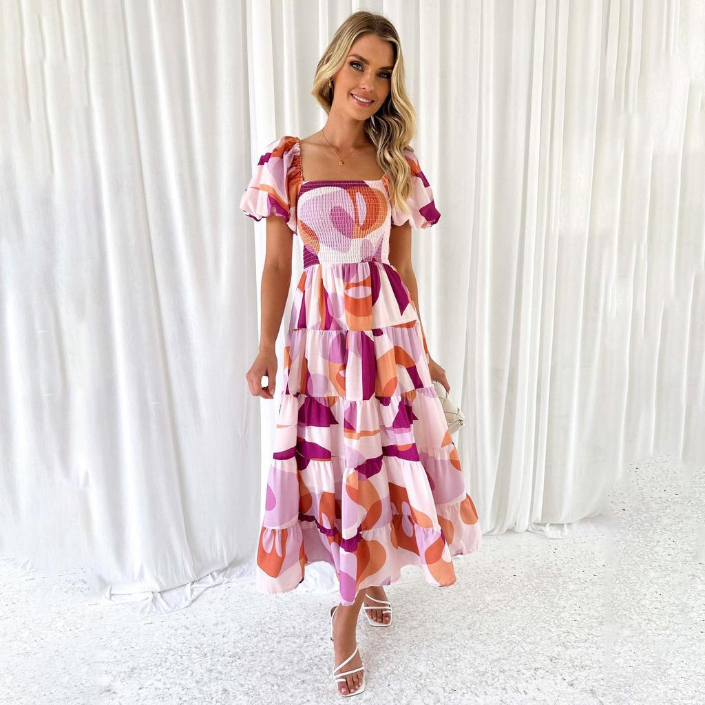 Летнее женское модное плиссированное платье без бретелек длиной до щиколотки с коротким рукавом и принтом