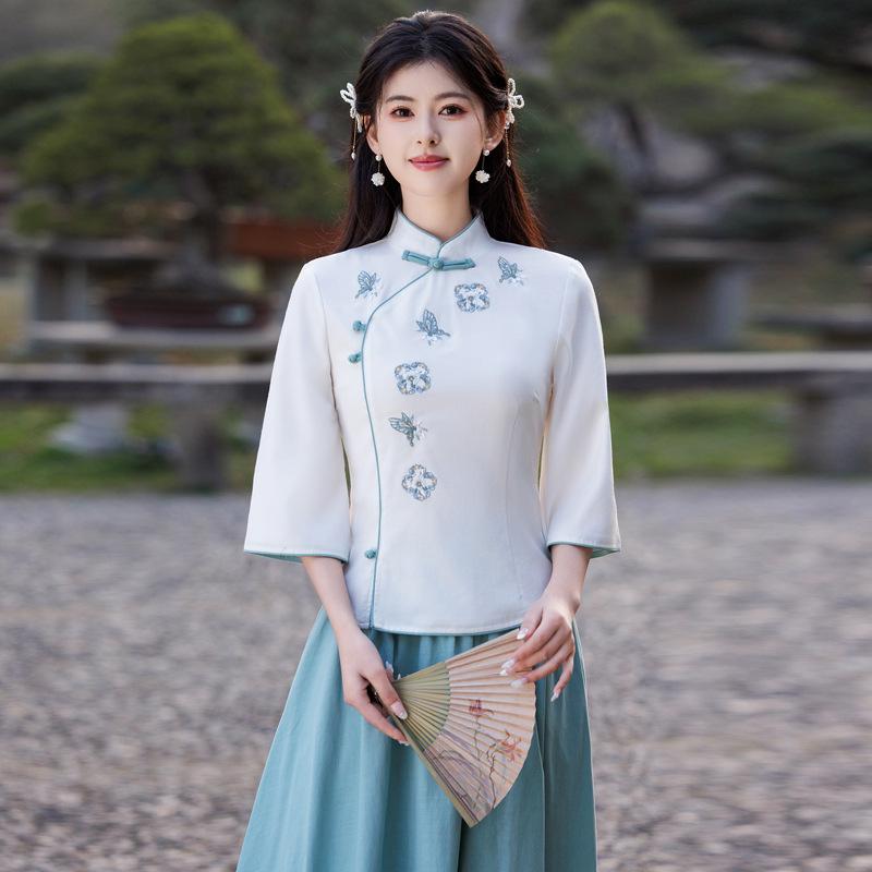 Летний ретро китайский костюм Тан с вышивкой из хлопка и льна, топ ципао со стойкой